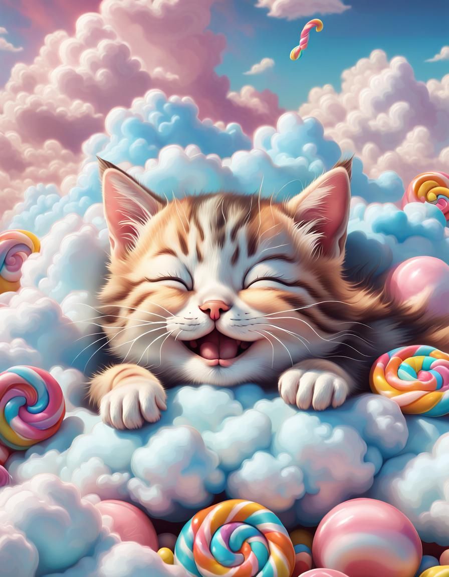 Happy Kitten Snuggling Cloud in Candy Art Style