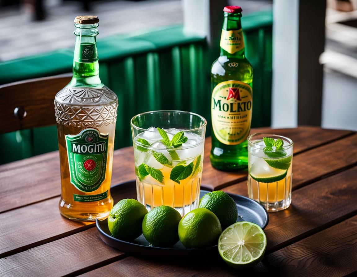 Cider Bottle and Mojito Glass on Table