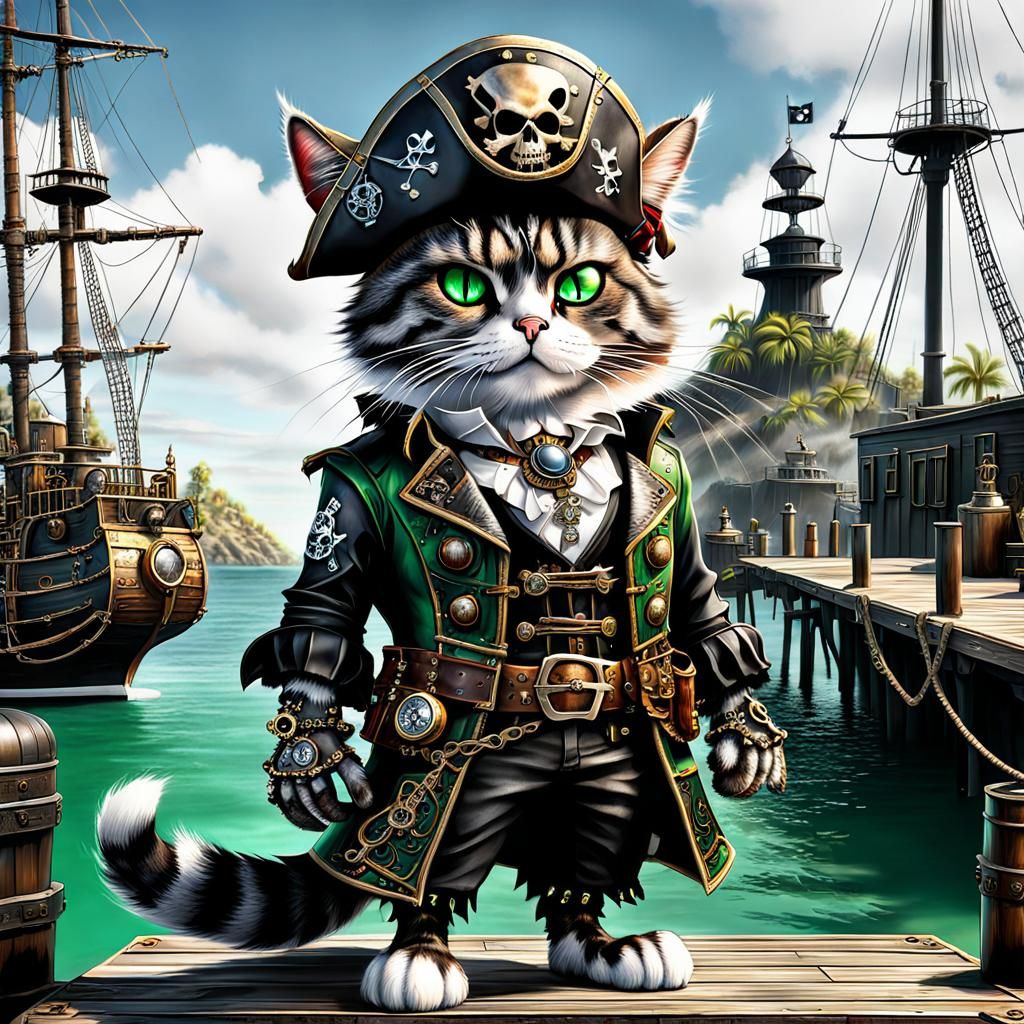 Steampunk Pirate Cat Captain on Dock, Airbrush Painting