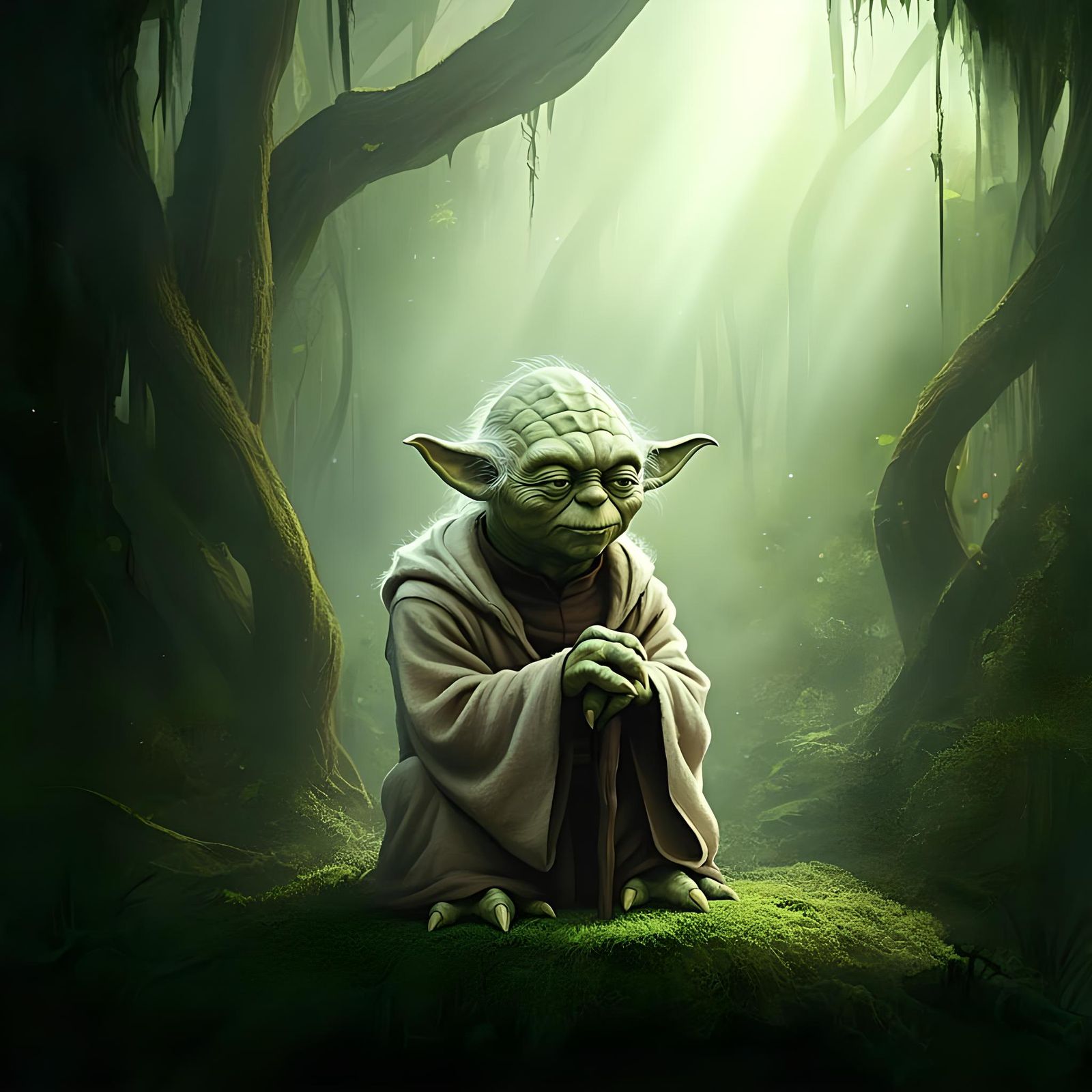 Yoda Meditating in a Misty Forest