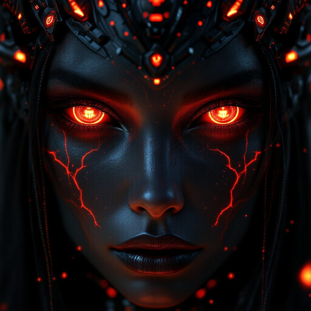Satanic Android Lady Portrait in Hyperrealistic Style