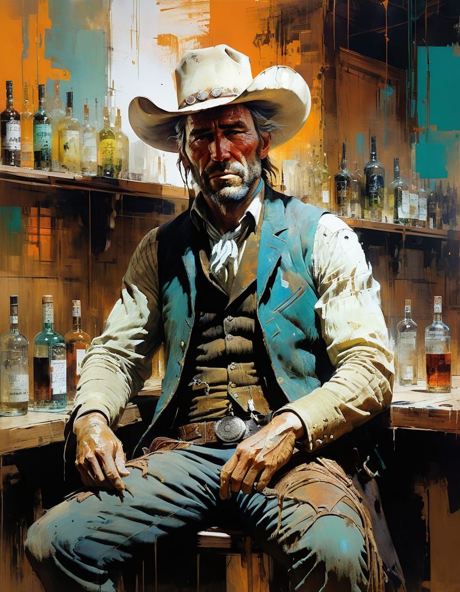 Wild West Cowboy in Saloon, Abstract Art Style