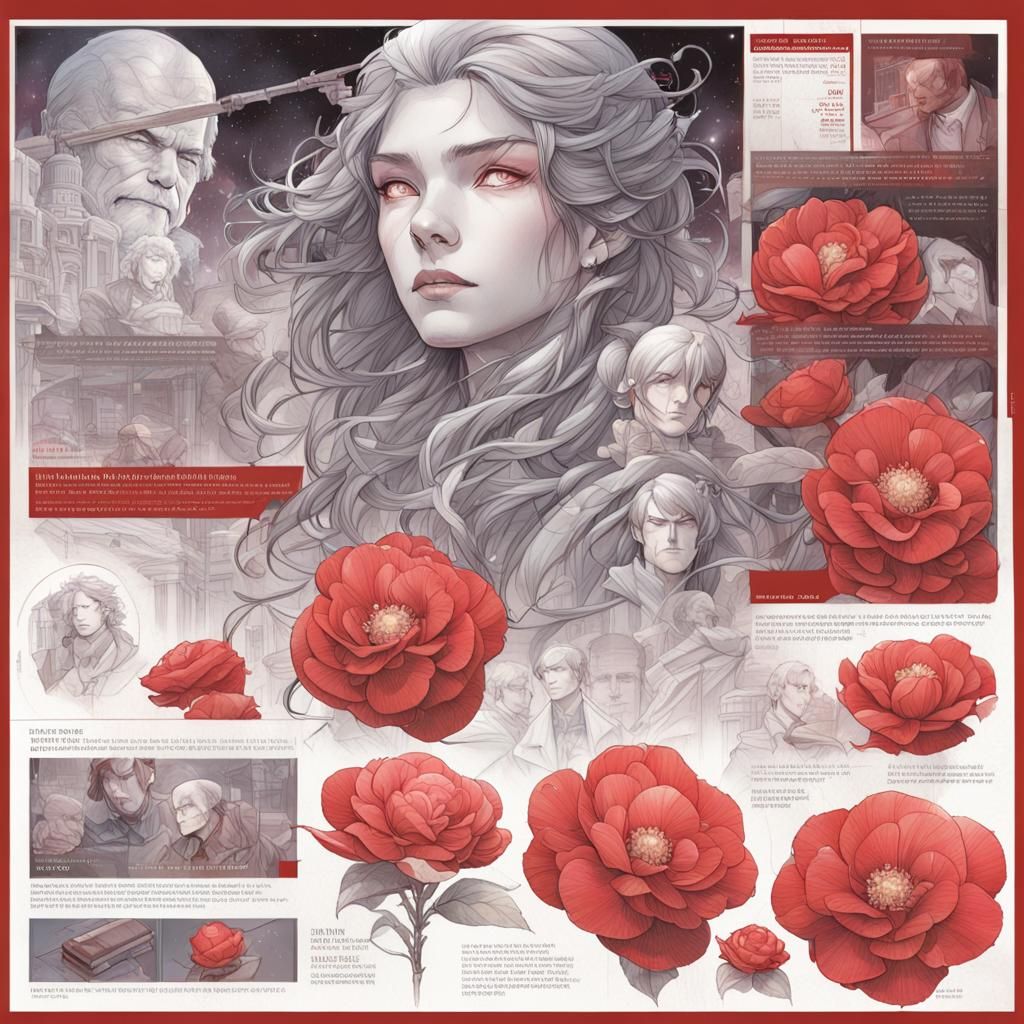 Hyperrealistic Camellia Blueprint in Graphic Novel Style