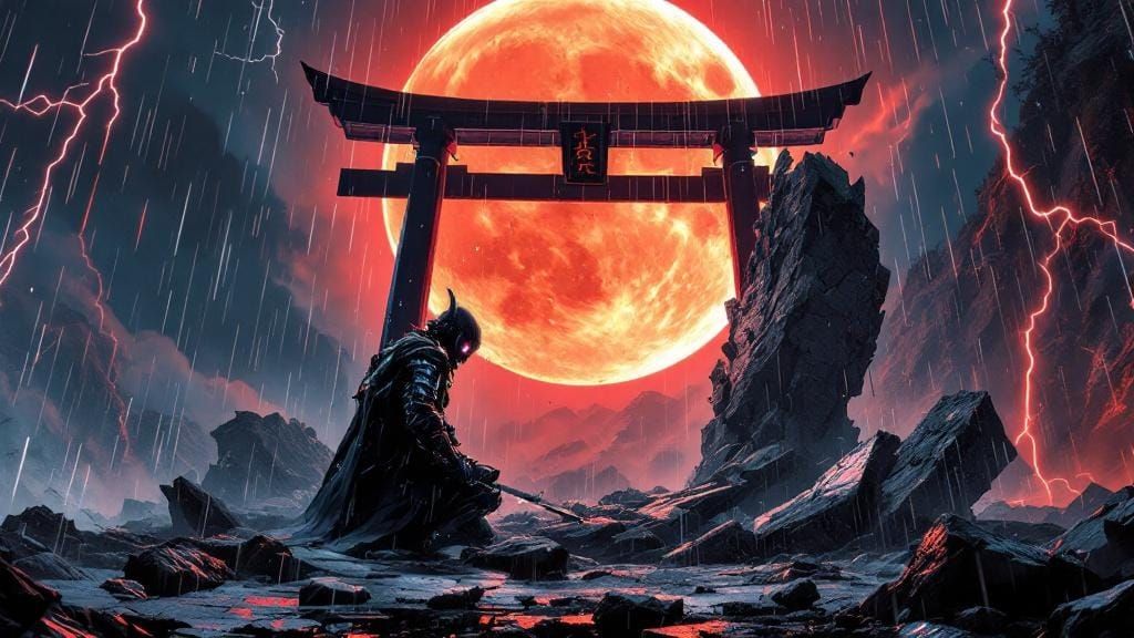 Fallen Mecha-Samurai Titan in Cyberpunk Anime Style