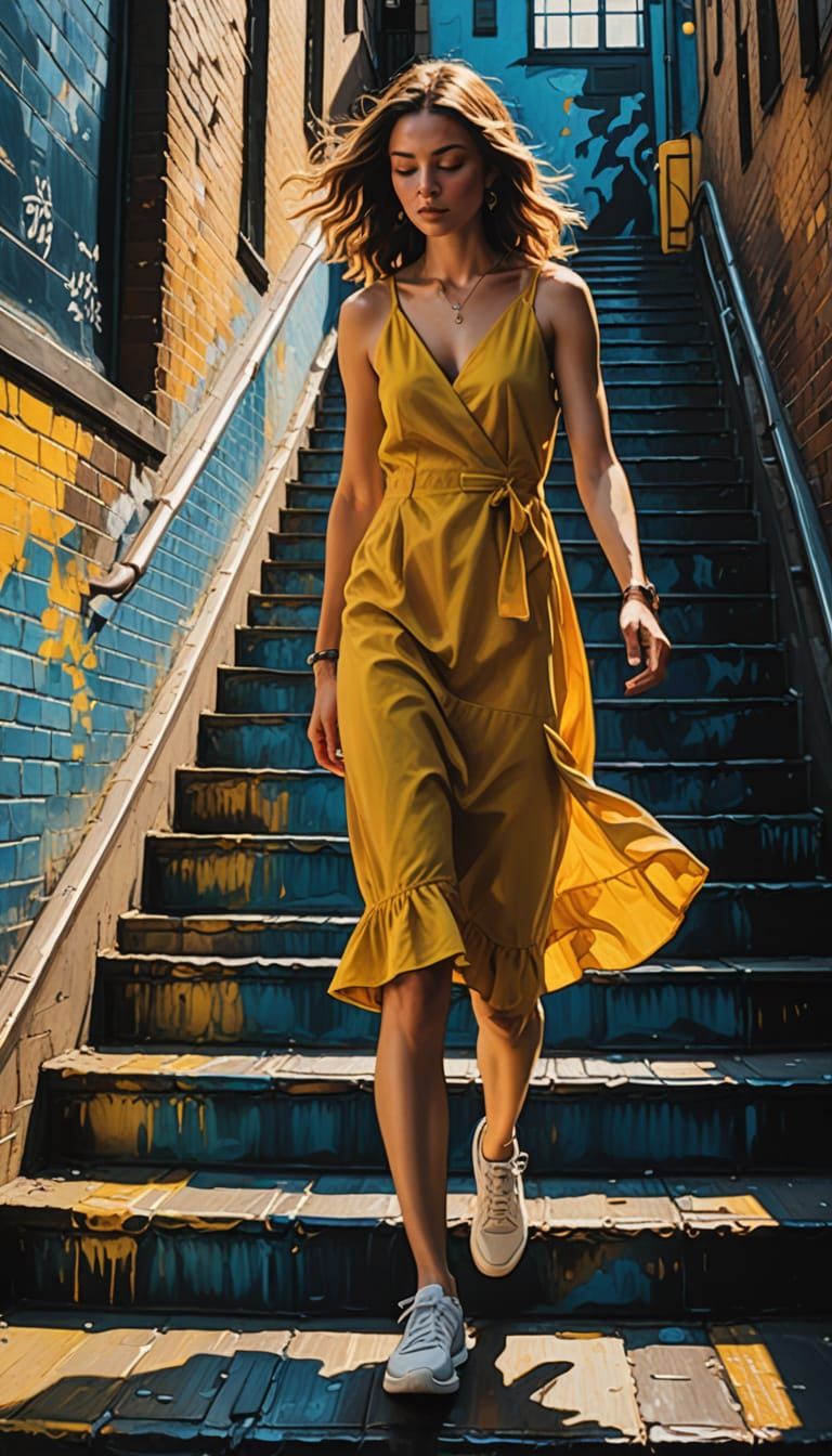 Vibrant Oil Painting of a Young Woman Running Down a Subway ...
