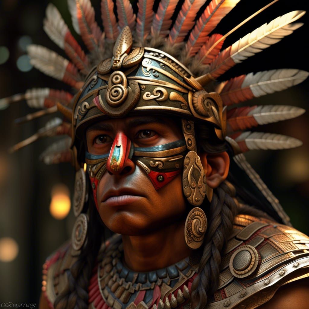 Photorealistic Aztec Warrior in Fairy Lighting