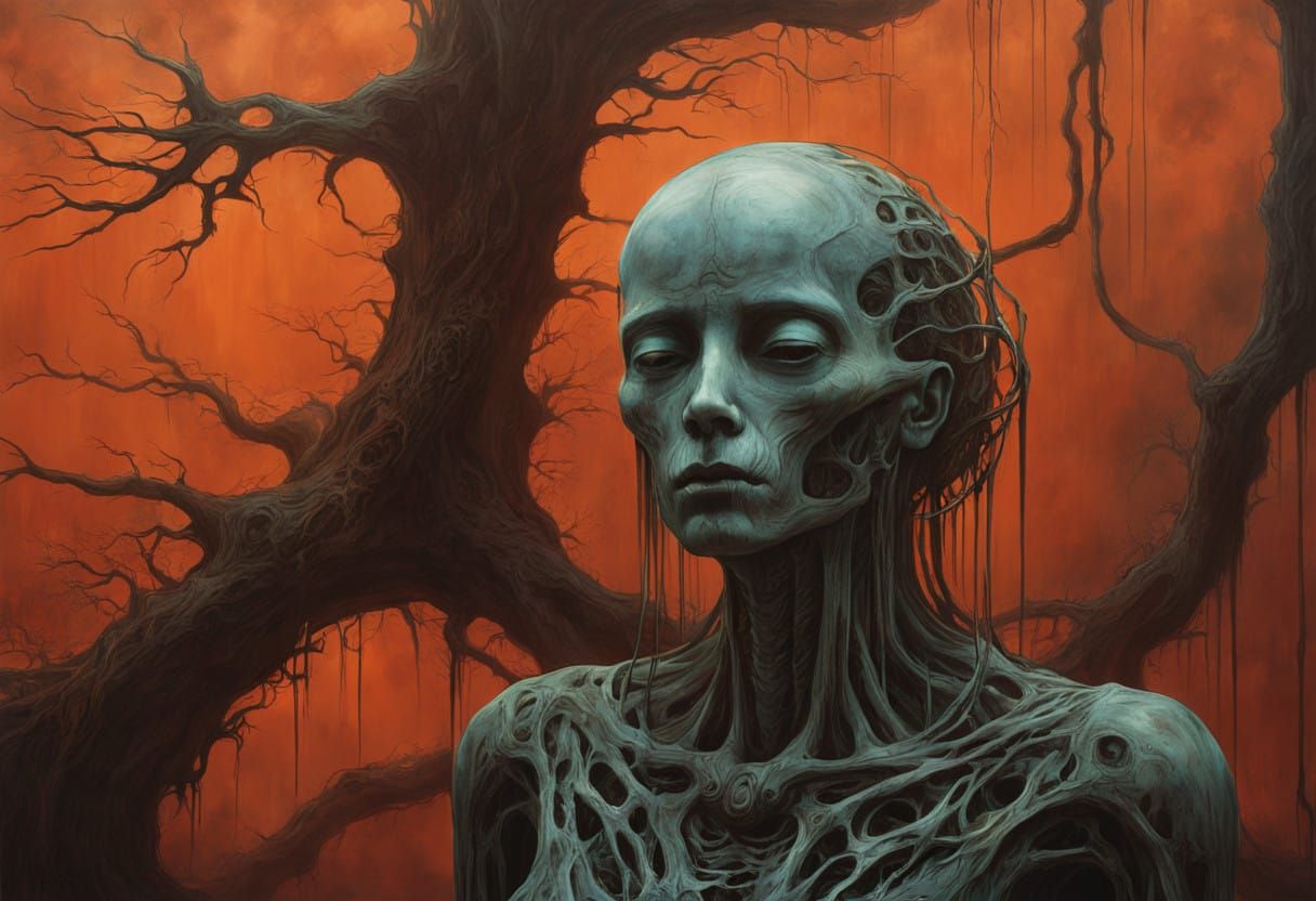 Ethereal Landscape with Gnarled Trees and Haloed Figure