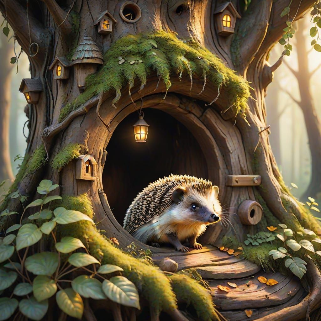 Whimsical Watercolor of a Hedgehog's Cozy Treehouse