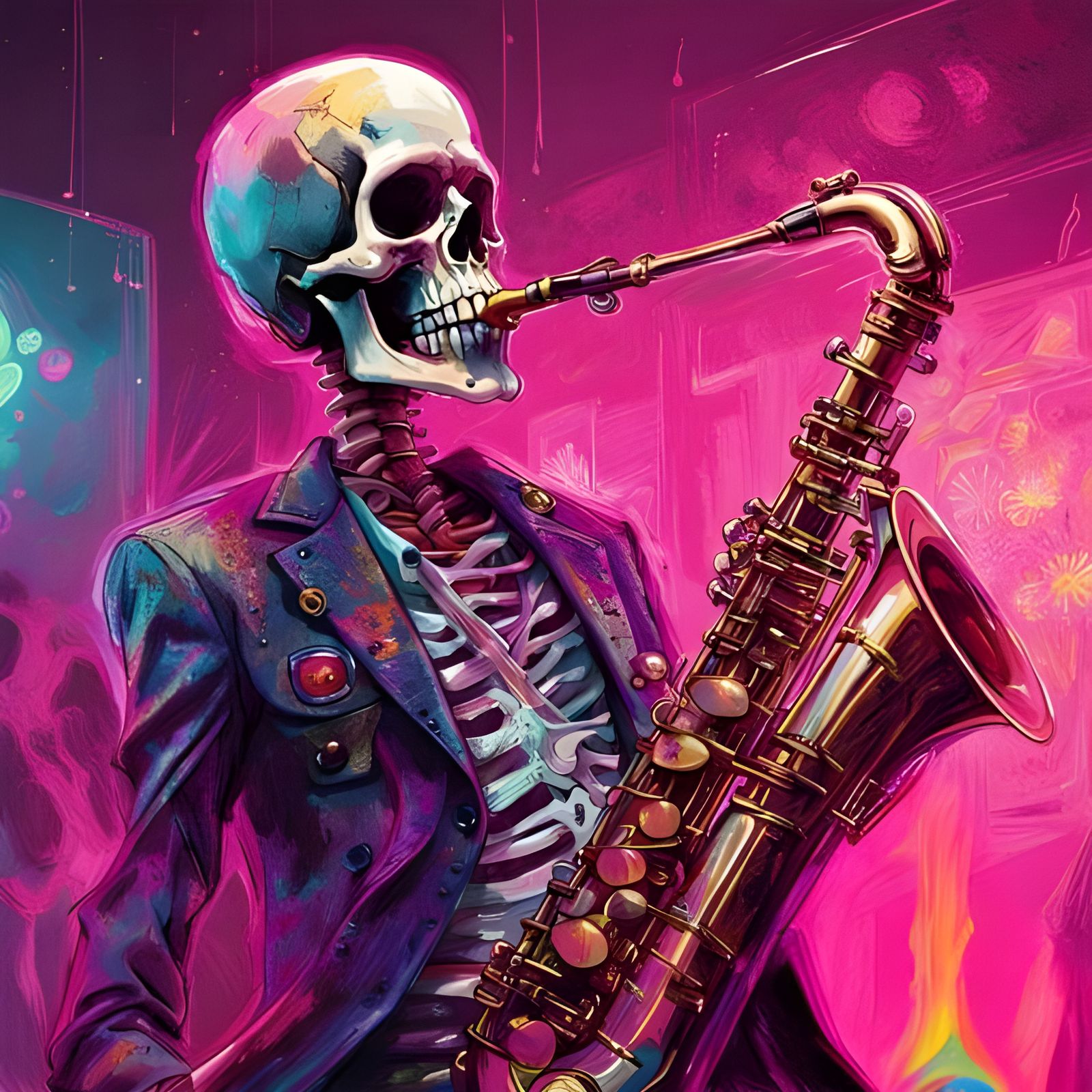 Happy Skeleton Rock Star Saxophone Portrait