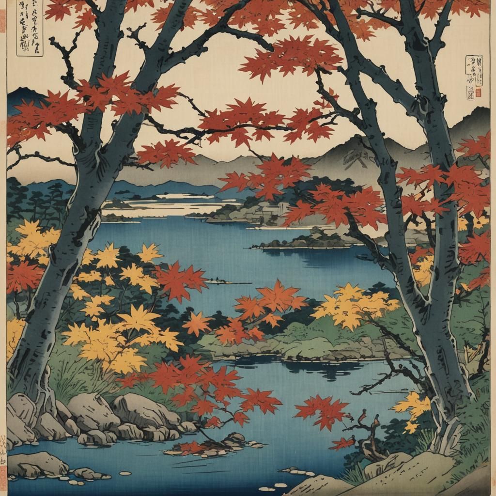 Autumn Leaves Emerge Amidst Serene Lake Landscape in Ukiyo-e...