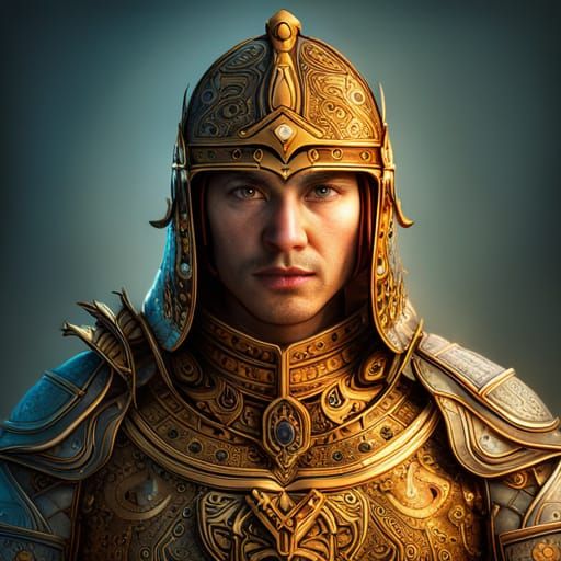 Warrior in Intricate Ceramic Armor: Hyperrealistic Fantasy A...