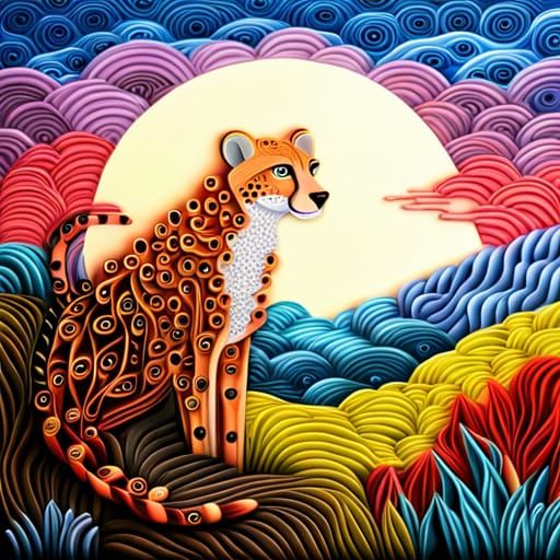 Paper Quilling Cheetah in Surreal Landscape