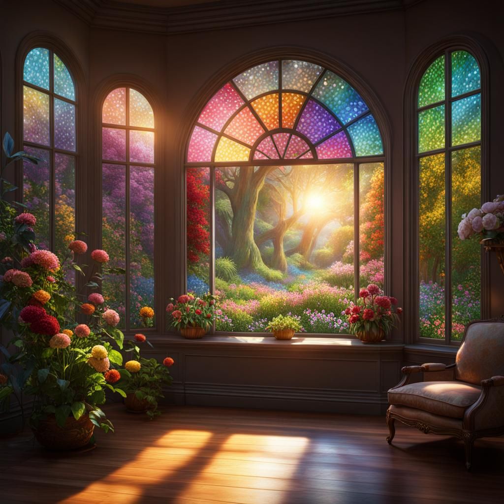 Rainbows Cast by Suncatcher over Flowery Garden