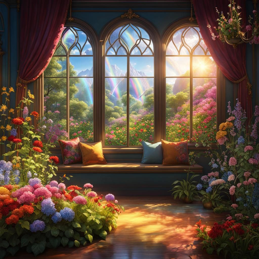 Surreal Crystal Suncatcher in a Vibrant Flower Garden