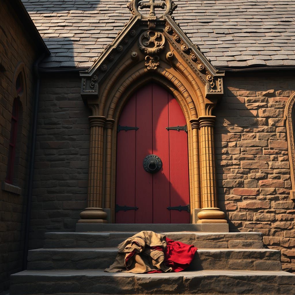 Mystical Church with Red Door and Discarded Clothes