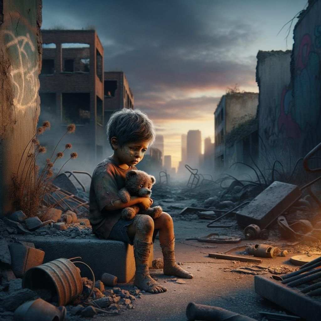 Sad Child in Ruined City, Photorealistic 8k