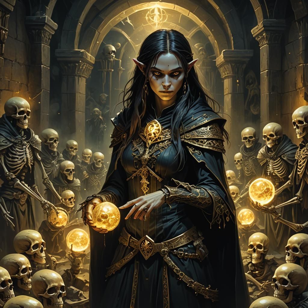 Half-Elf Warlock Casting Golden Spell in Crypt