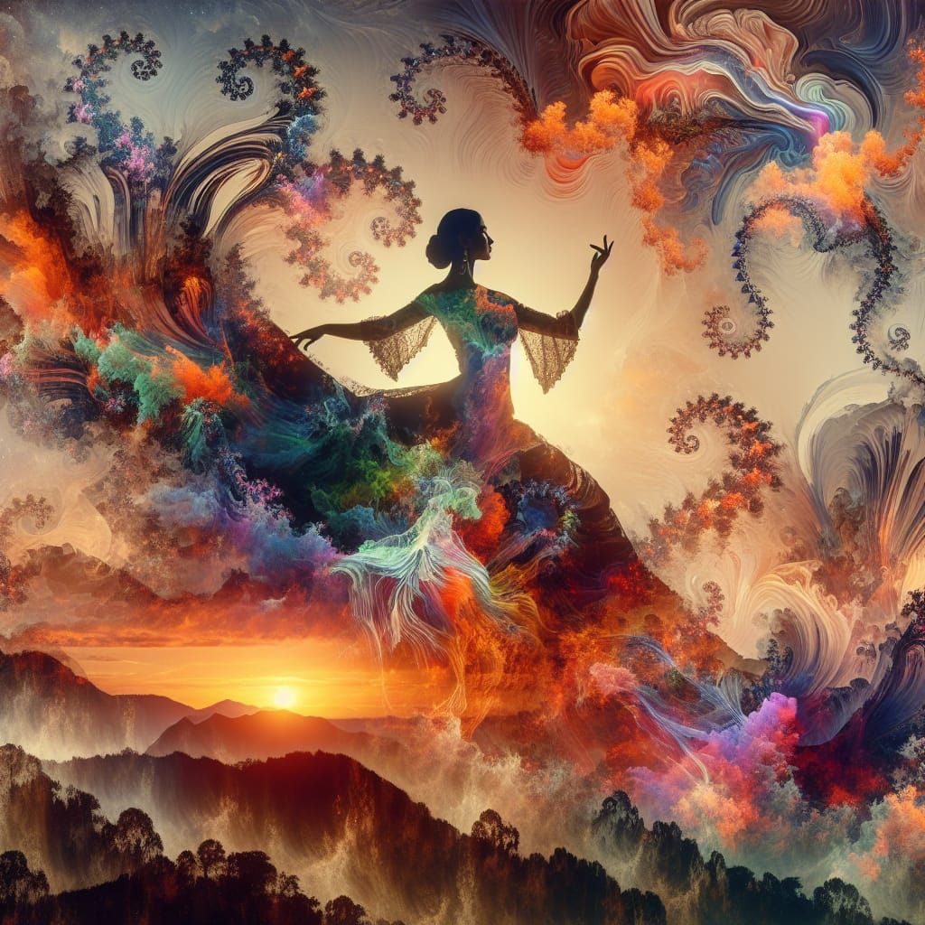 Surreal Double Exposure of Woman Dancing Amidst Nature's Rad...