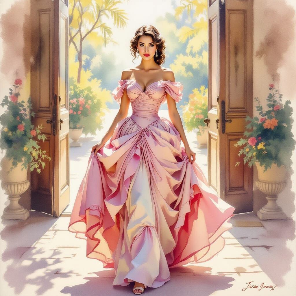 Southern Belle in Opulent Watercolor Oil Painting