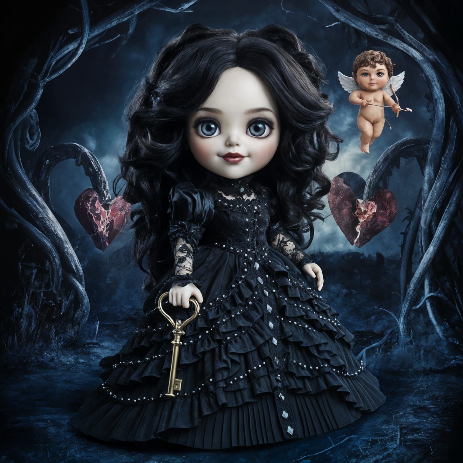 Gothic Emo Doll with Heart Key in Fairytale Landscape