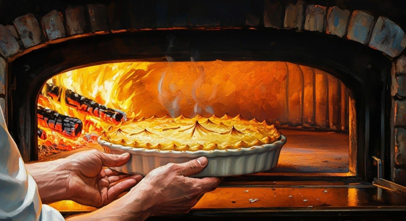 Surrealistic Oven Scene with Glowing Elements and Fish Pie