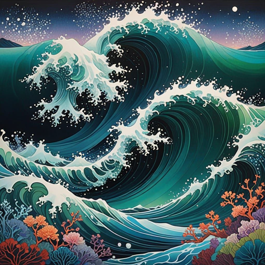 Dreamy, Enchanting Underwater Scene with Cascading Wave in O...