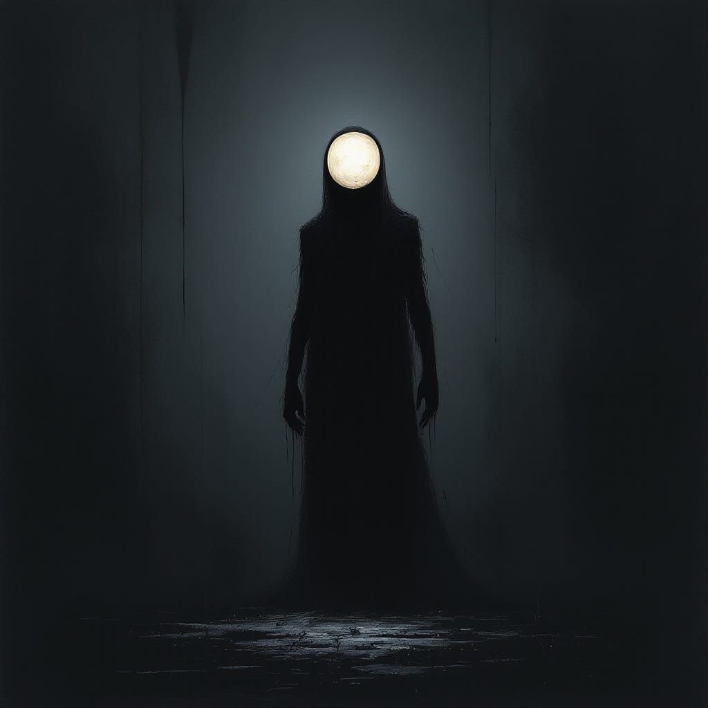 Eerie Cartoon Figure in a Dark Dystopian Landscape