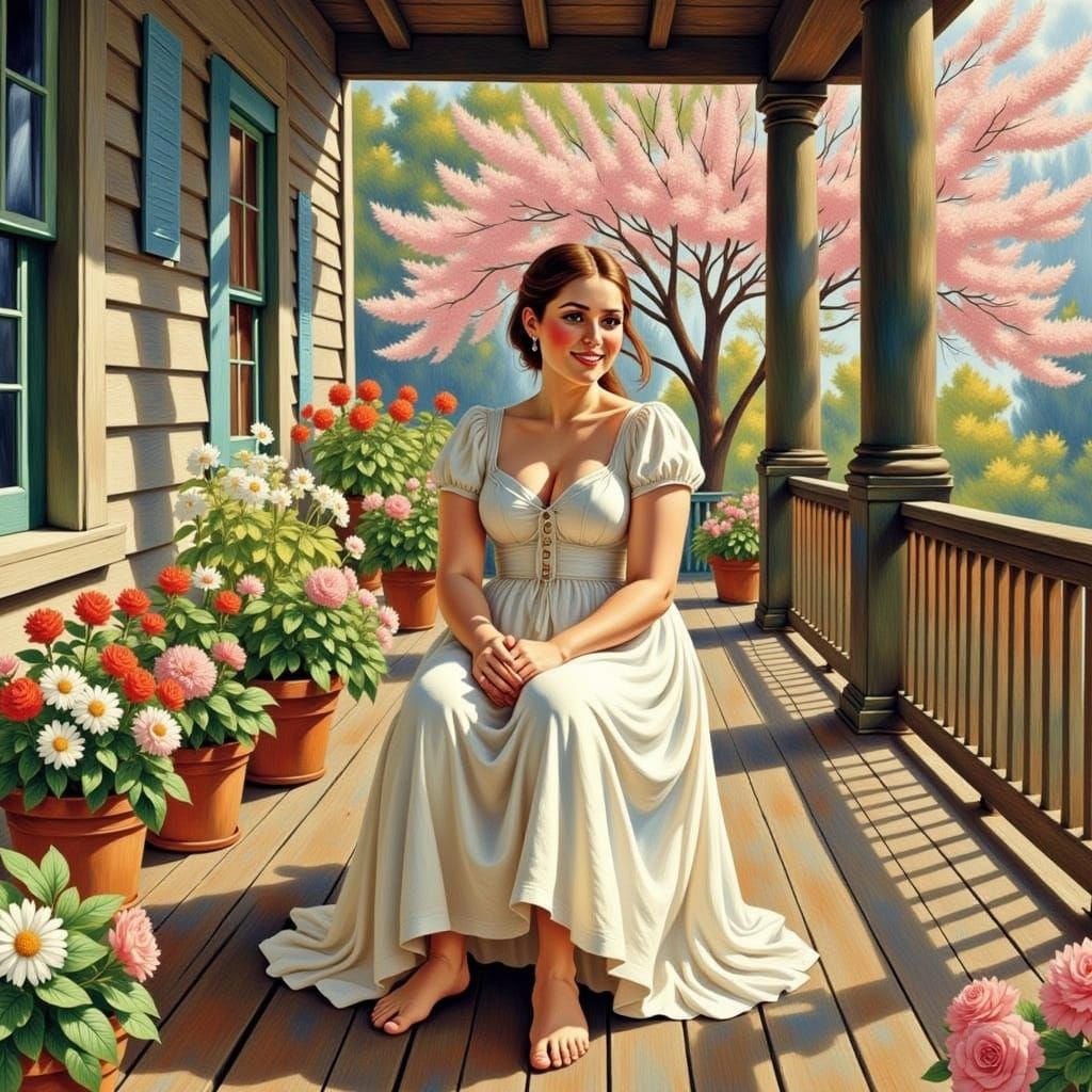 Kentucky Woman Sits on Porch in Springtime Splendor