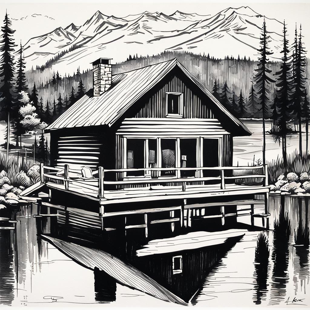 Cabin by Lake: Modern European Ink Painting