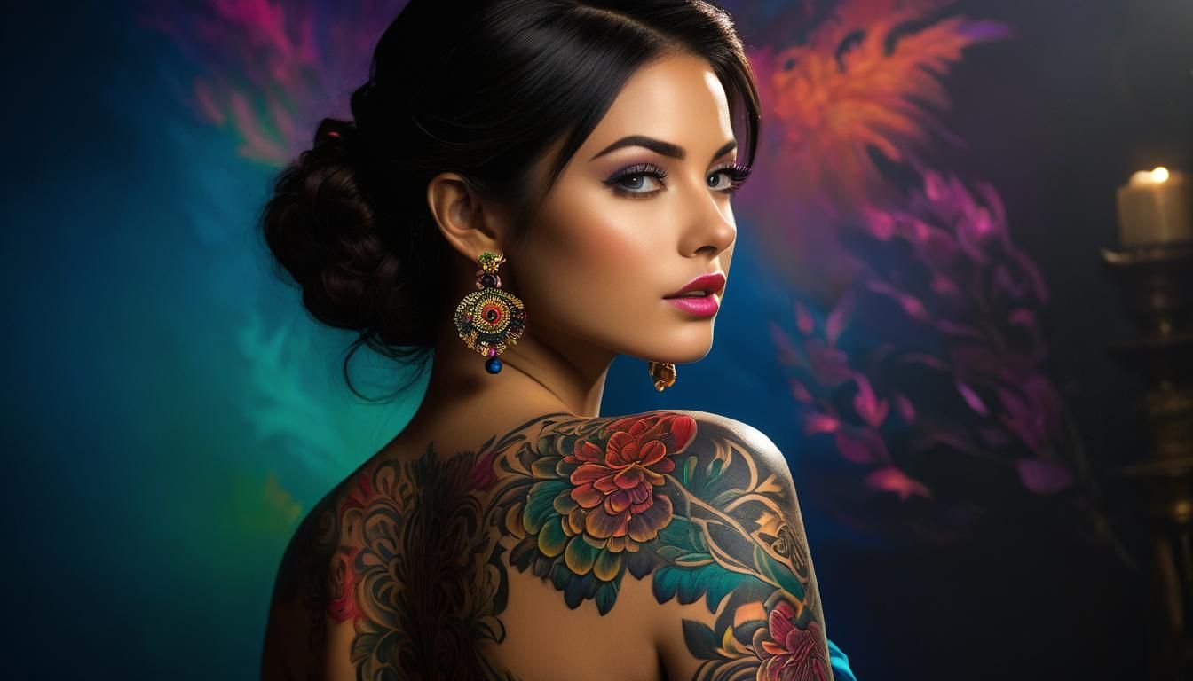 Elegant Woman with Ethereal Tattoos in Glass Oil Splash Art
