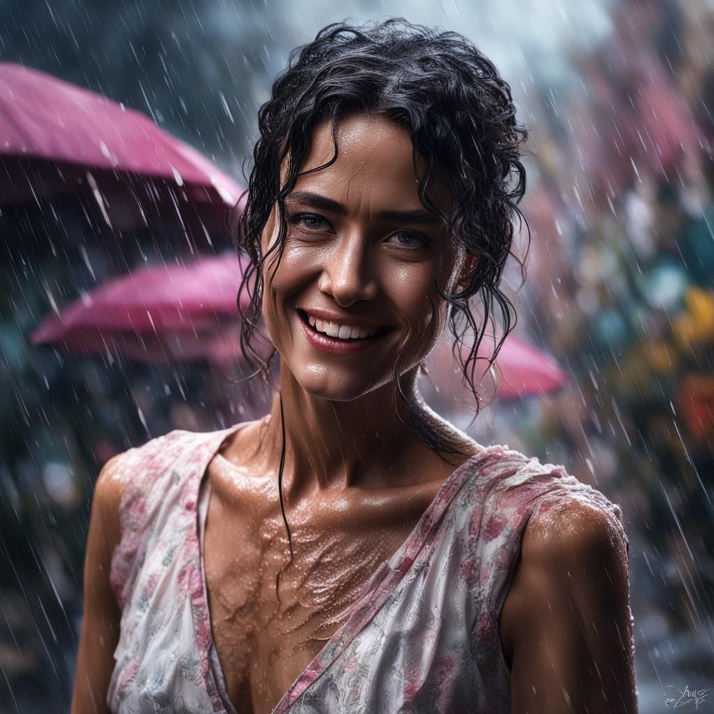 American Latina Woman in Rain, Digital Painting