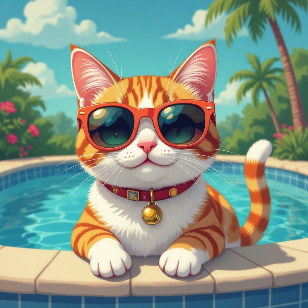 Cat with Sunglasses by Pool in Pop Surrealist Style