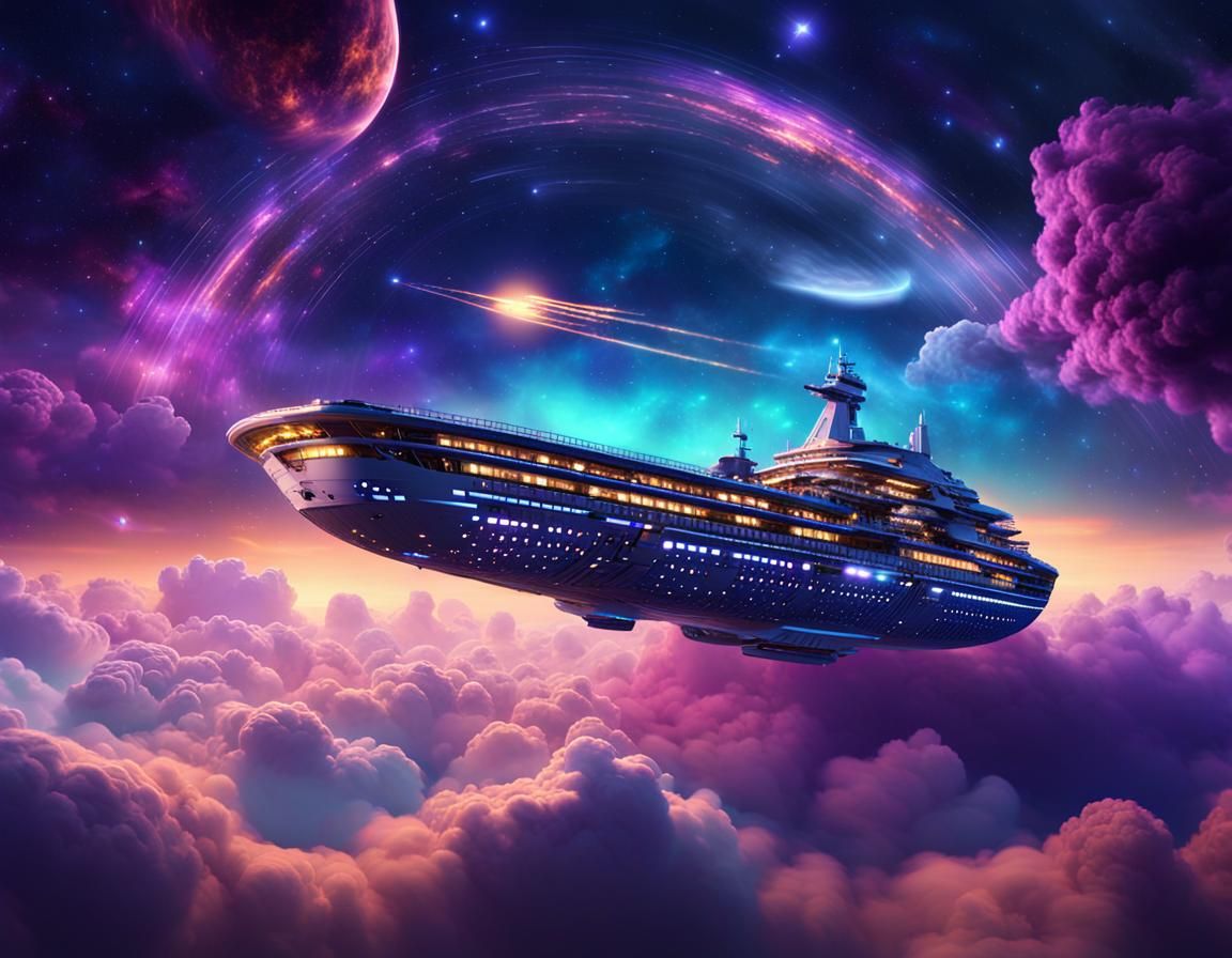 Stargazing Landscape: Spaceship Among Spinning Galaxies