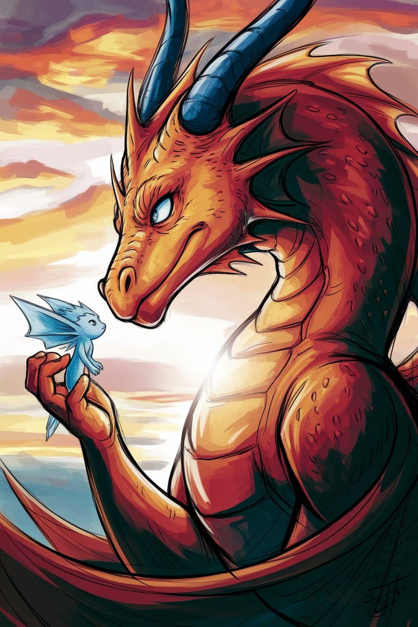 Fire Dragon and Ice Sprite Friends at Sunset Sketch