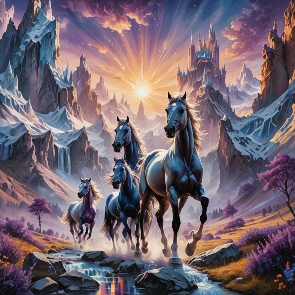 Mystical Horses Galloping Through Crystal Valley