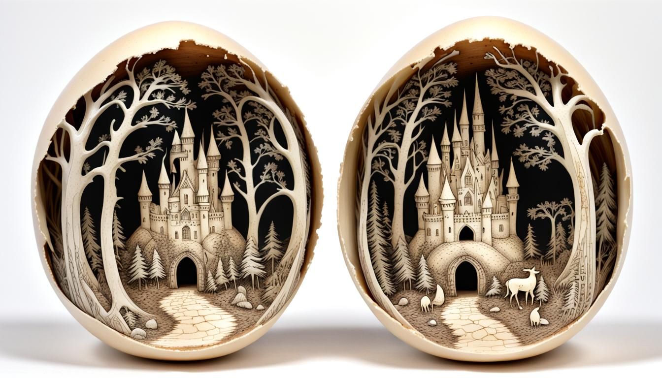 Scrimshaw Carving: Enchanted Forest in Eggshell