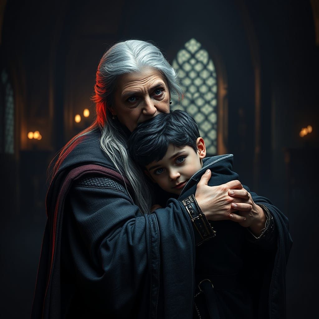 Heartbroken Queen Hugs Her Son in a Medieval Castle
