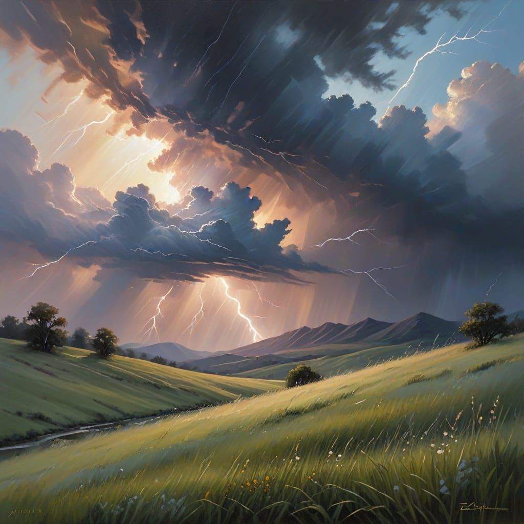 Dramatic Lightning Strike Over Serene Meadow in Oil Painting...