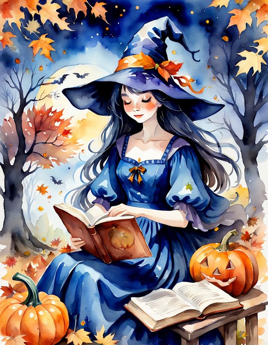 Charming Witch Reading Book in Alcohol Watercolor