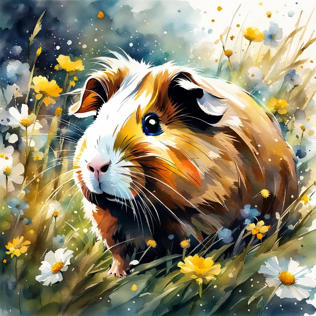 Guinea Pig Portrait in Watercolor Illustration Style