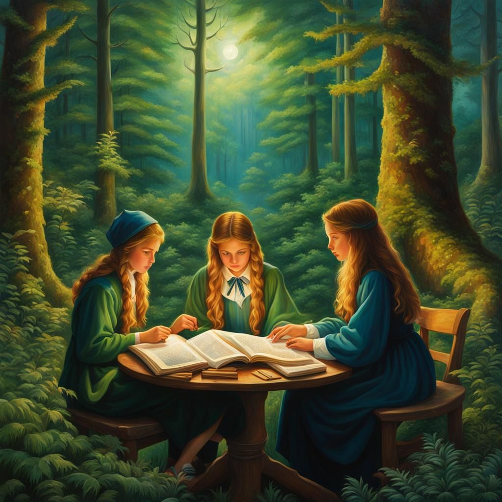 Verdant Forest Scene with Girls and Star