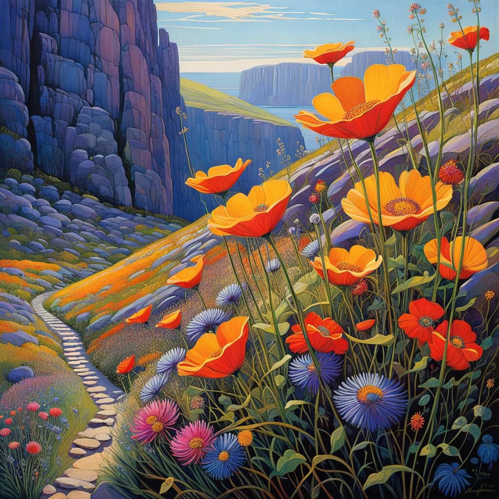 Wildflower Path Through Rocky Landscape in Art Nouveau Style
