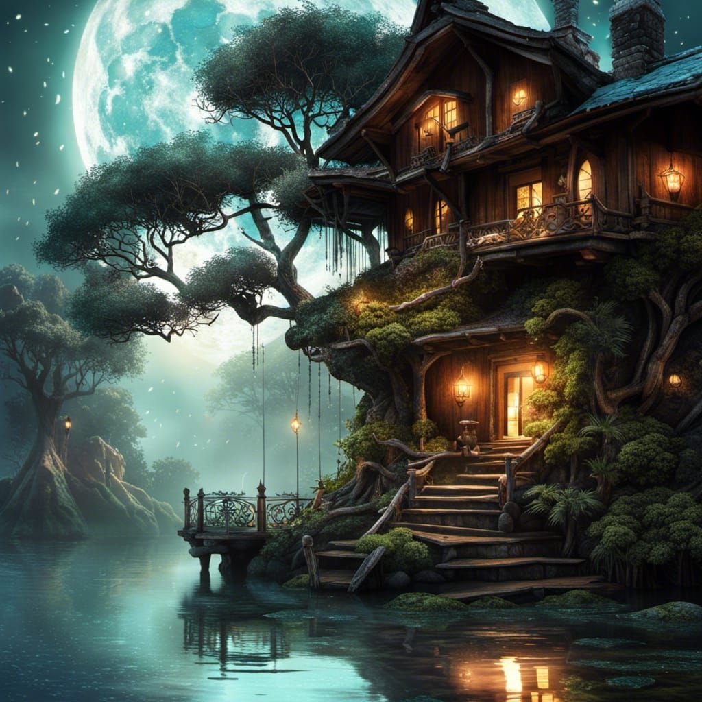 Enchanted Bonsai Village Under Starry Crescent Moon