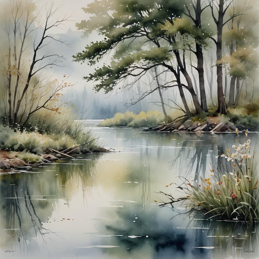 Foggy Spring Lake in Watercolor Style