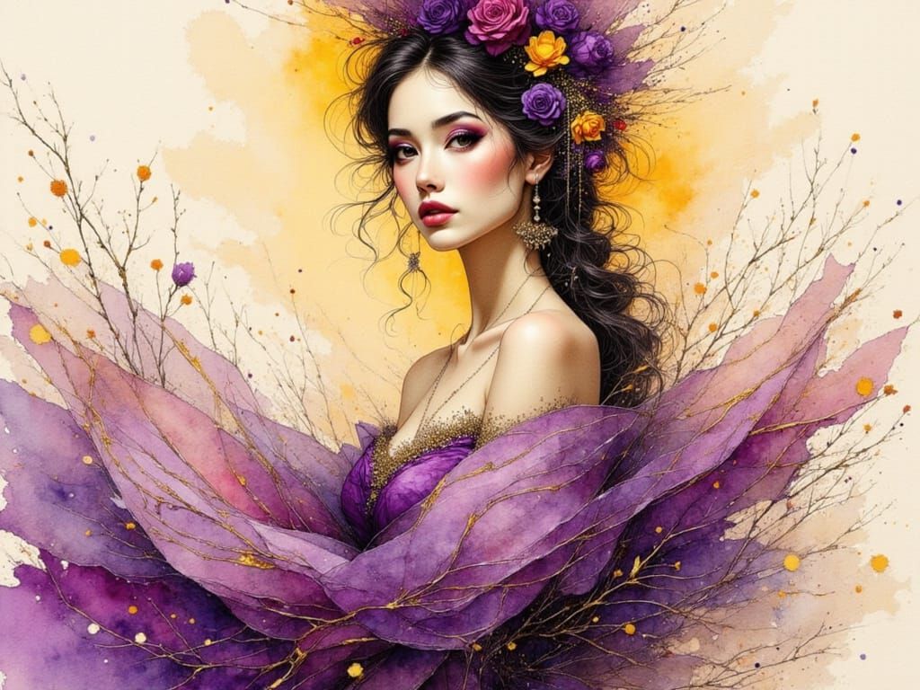 Elegant Woman in Vibrant Ink Art Nouveau Style