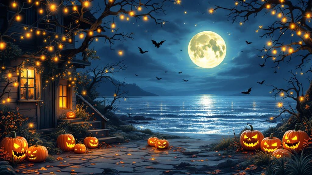 Enchanting Halloween Seaside Celebration at Night
