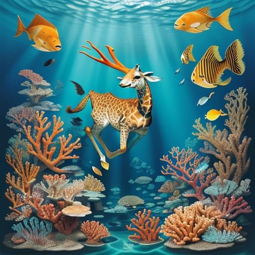 A Giraffe Dives into an Underwater World of Vibrant Coral an...