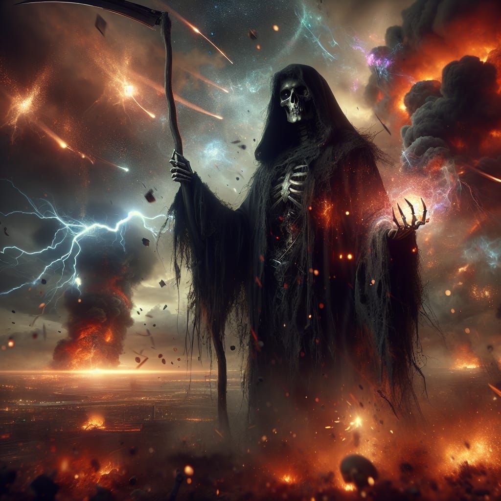 Hyperrealistic Grim Reaper on Chaotic Battlefield
