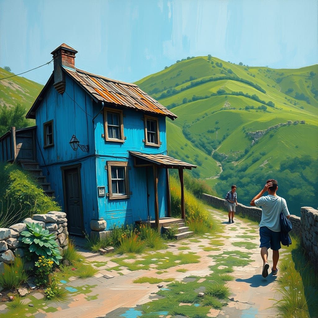 Rustic Blue House in Gouache Style