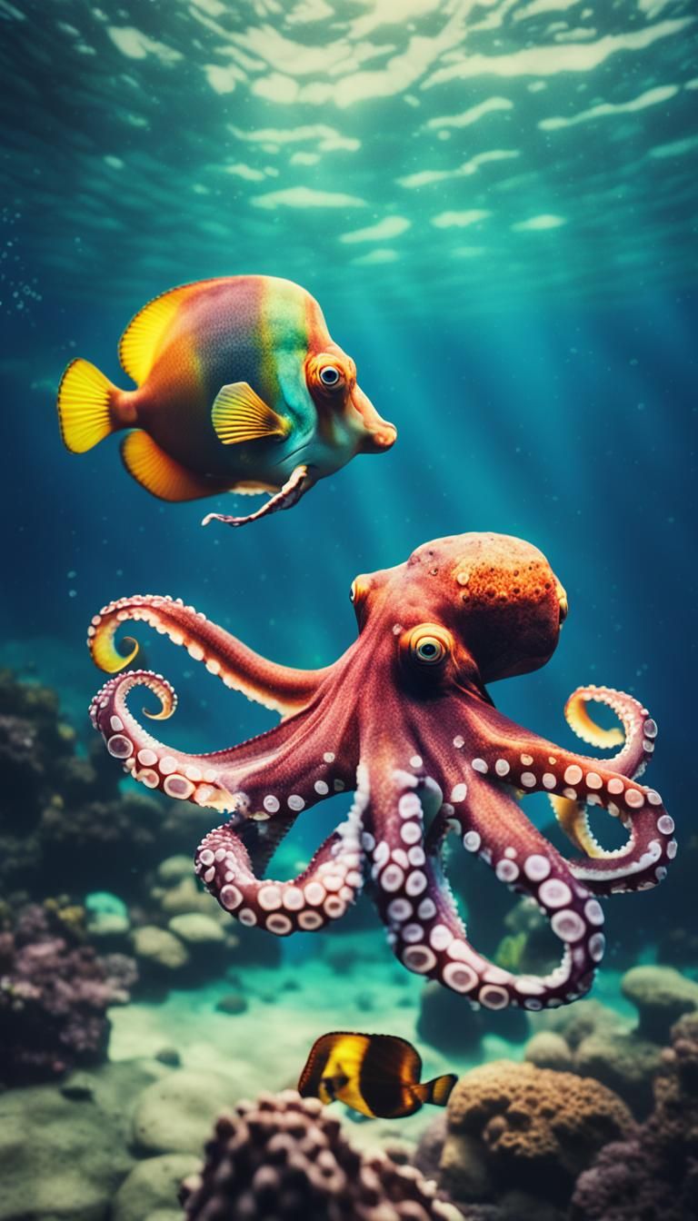 Rainbow Octopus Swimming with Tropical Fish